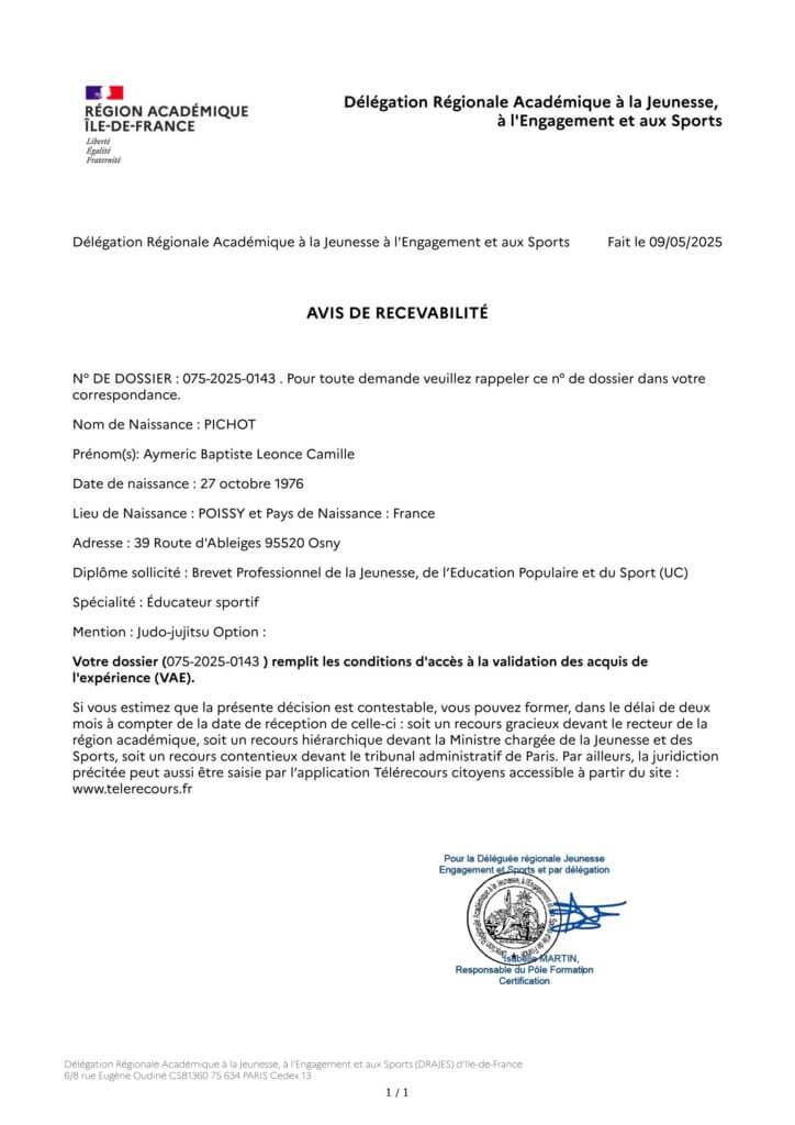 Attestation de recevabilité VAE BPJEPS judo Aymeric Pichot