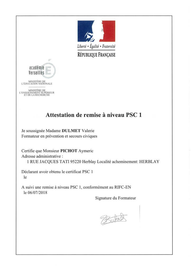 Attestation de remise à niveau PSC1 Aymeric Pichot