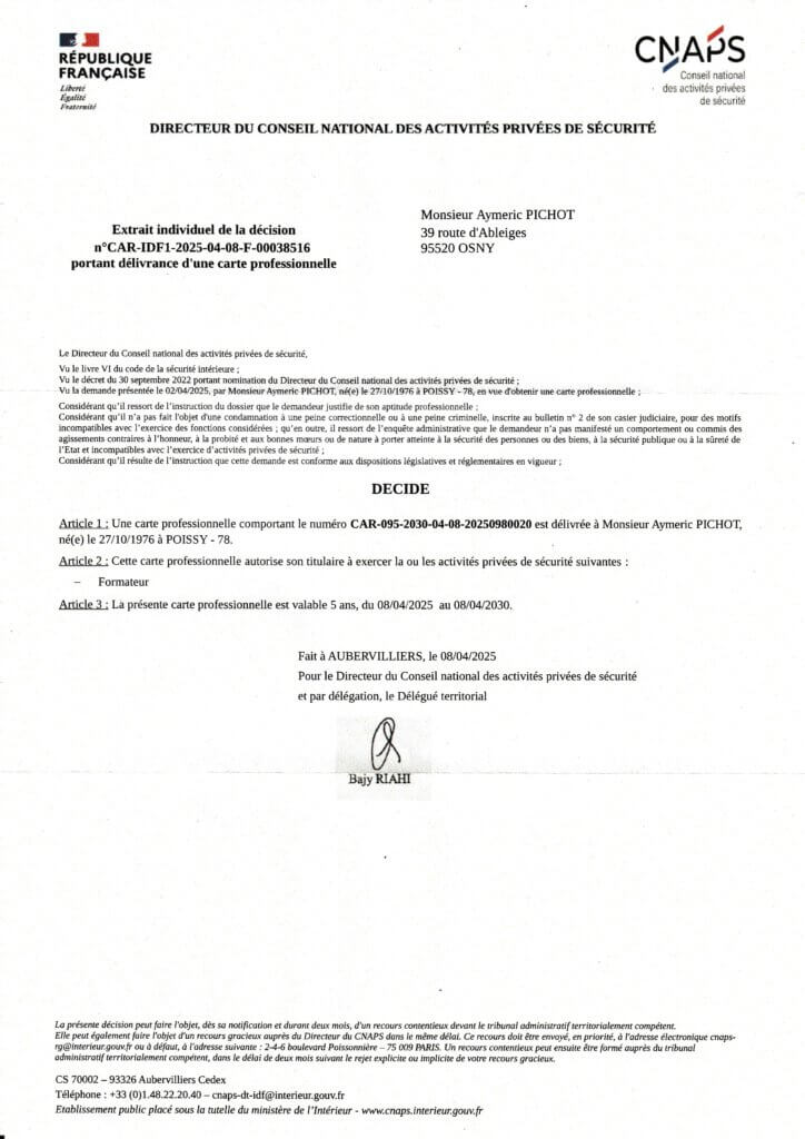 Carte formateur sécurité CNAPS Aymeric Pichot