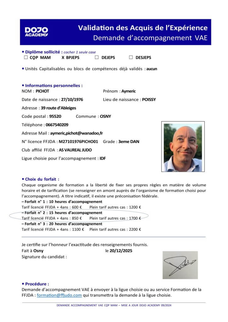 Demande accompagnement VAE Dojo Academy Aymeric Pichot