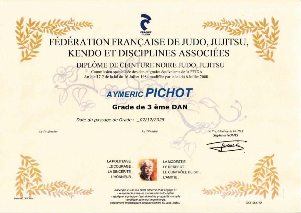 Diplôme 3ème dan Aymeric Pichot