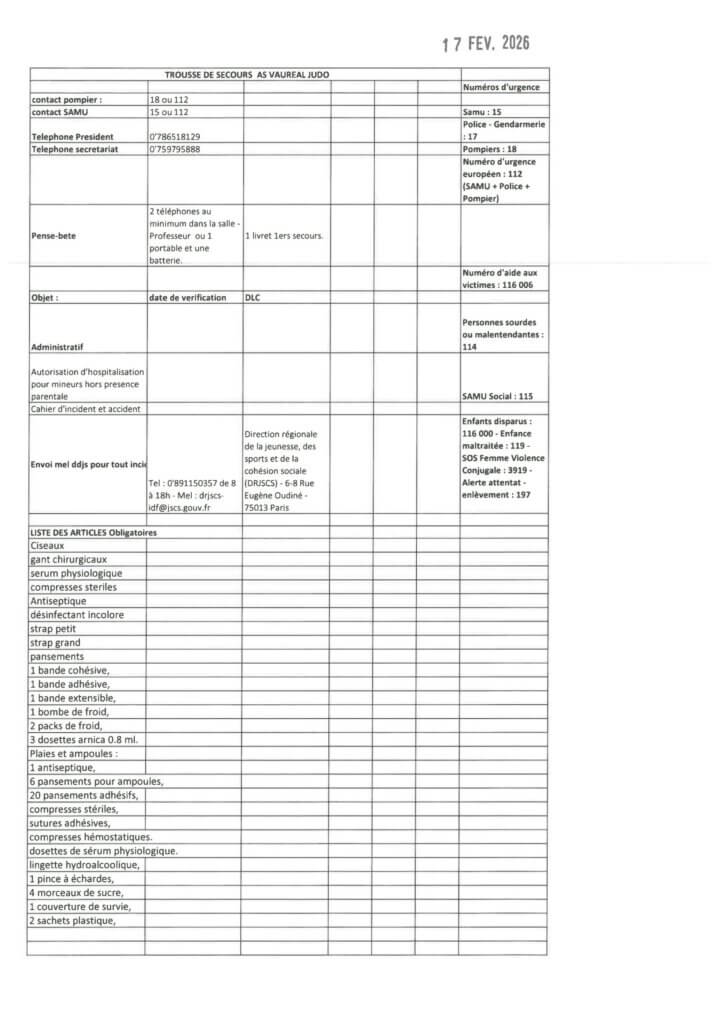 Trousse de secours AS Vauréal judo